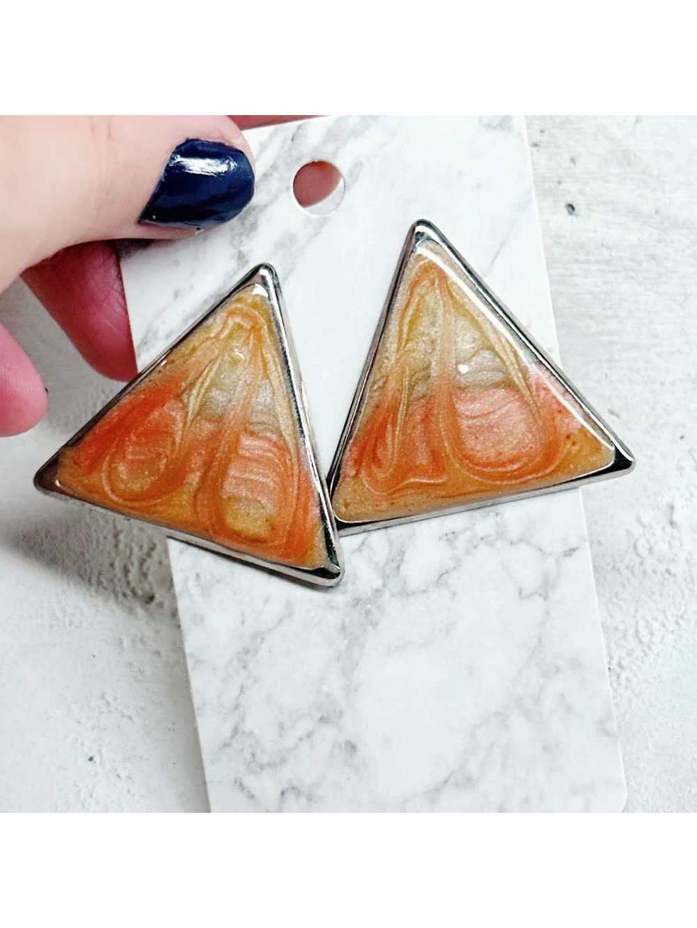 1064mc. Silvertone Orange Enamel Earrings Vintage